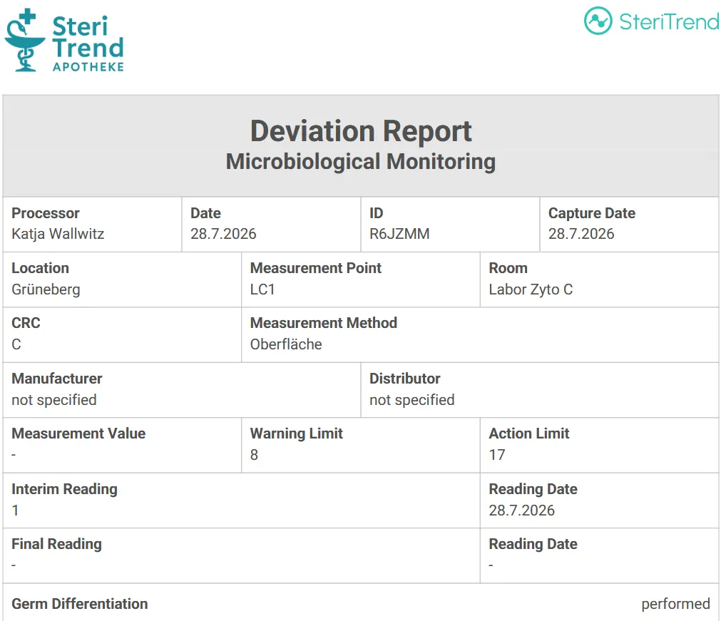SteriTrend notification for a deviation