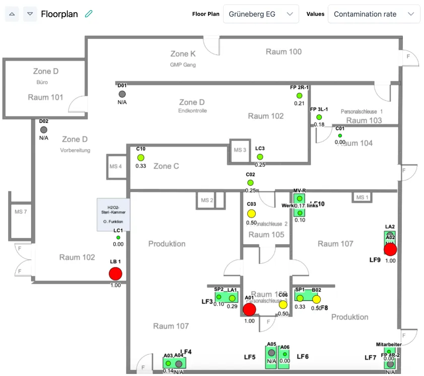 SteriTrend floor plan with placed sampling points and trend indicators